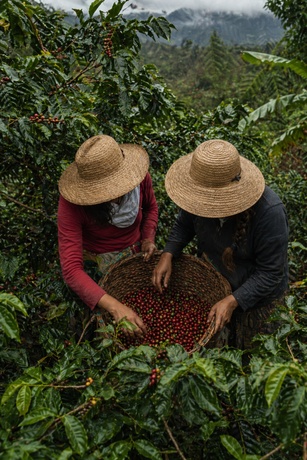 Hand-picking coffee cherries in the Colombian harvest